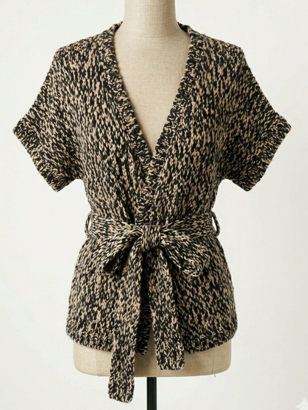 DIANE von FURSTENBERG Chunky Knit Belted Cardigan Black Tan Tweed Wool Blend XS